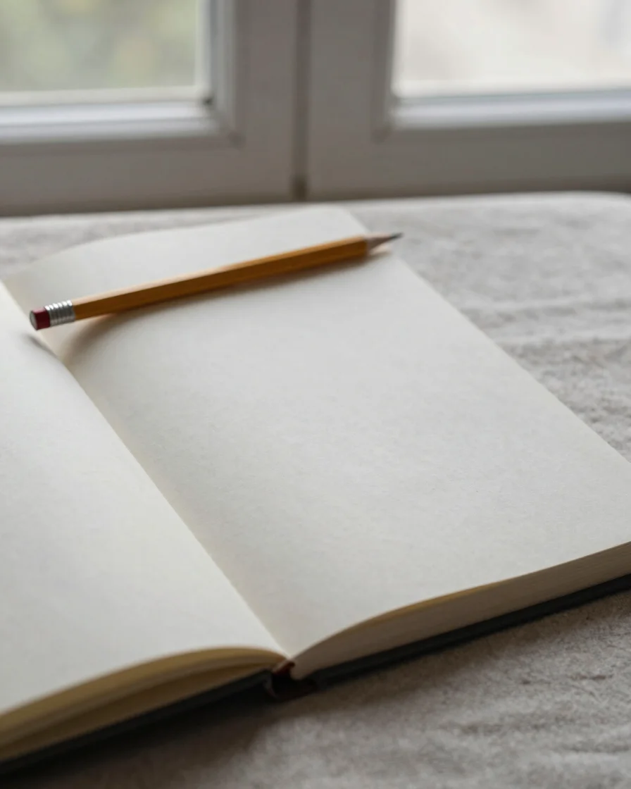 Quiet close view of an open notebook and a pencil resting on a neutral linen surface, soft window daylight, muted paper